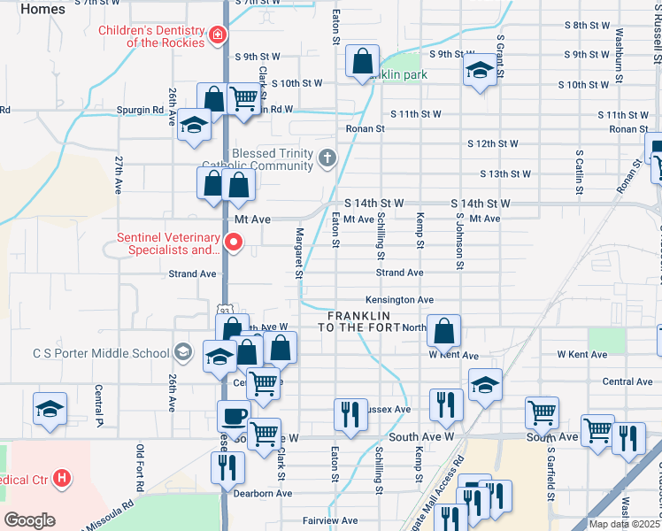 map of restaurants, bars, coffee shops, grocery stores, and more near 1807 Eaton Street in Missoula