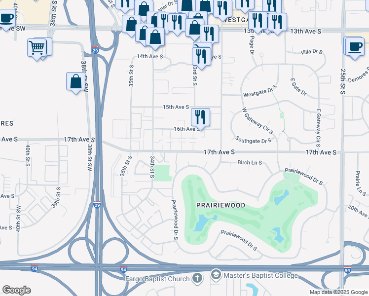 map of restaurants, bars, coffee shops, grocery stores, and more near 201h Prairiewood Drive in Fargo