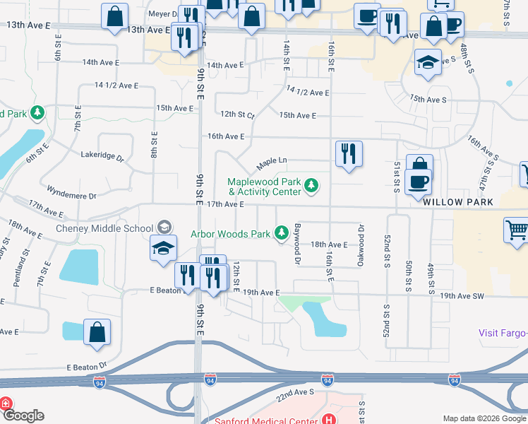 map of restaurants, bars, coffee shops, grocery stores, and more near 1729-1735 13th Street East in West Fargo