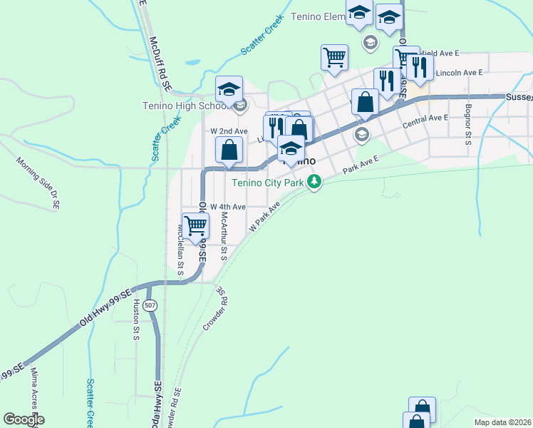 map of restaurants, bars, coffee shops, grocery stores, and more near 425 West Park Avenue in Tenino