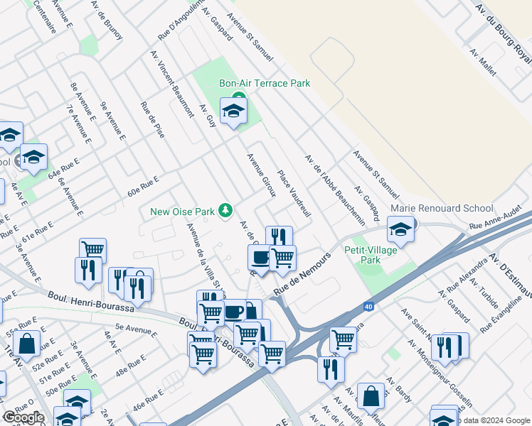 map of restaurants, bars, coffee shops, grocery stores, and more near 5025 Avenue de Thorigny in Québec