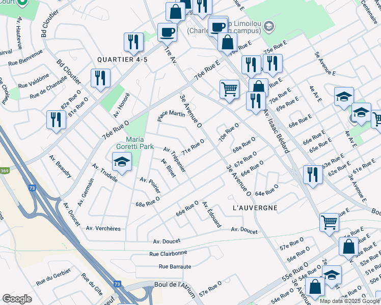 map of restaurants, bars, coffee shops, grocery stores, and more near 370 71e Rue Ouest in Québec
