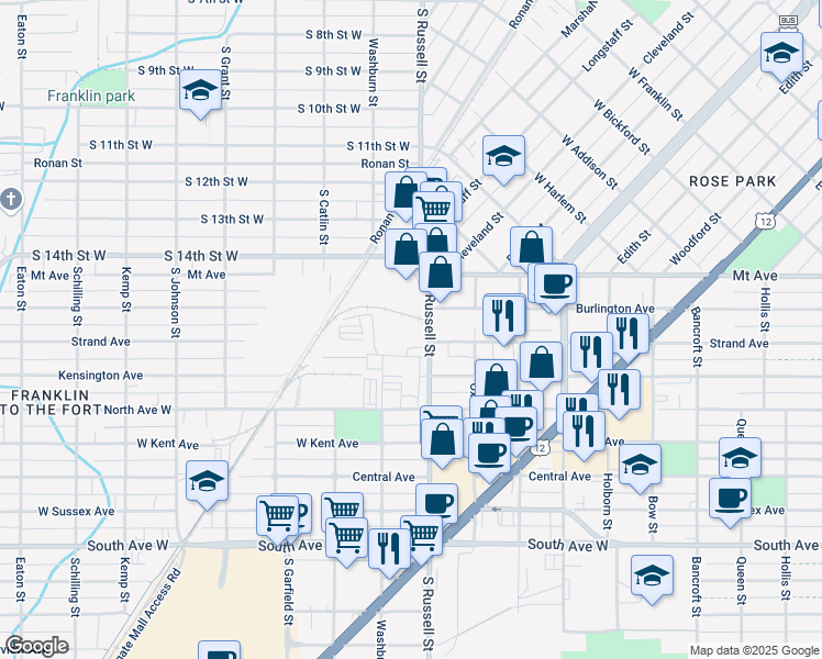 map of restaurants, bars, coffee shops, grocery stores, and more near 1903 South Russell Street in Missoula