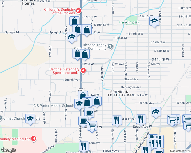 map of restaurants, bars, coffee shops, grocery stores, and more near 2420 Burlington Avenue in Missoula