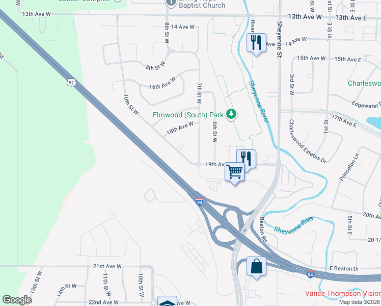 map of restaurants, bars, coffee shops, grocery stores, and more near 2149 10th Street West in West Fargo