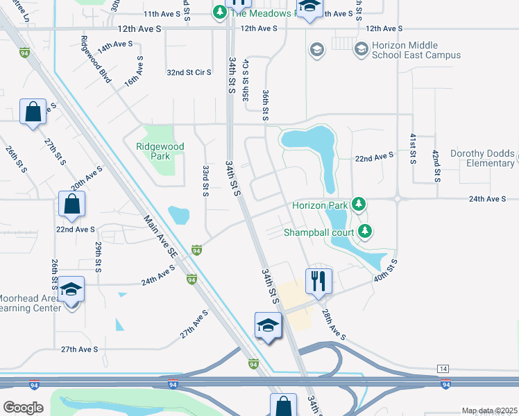 map of restaurants, bars, coffee shops, grocery stores, and more near 2411 34th Street South in Moorhead