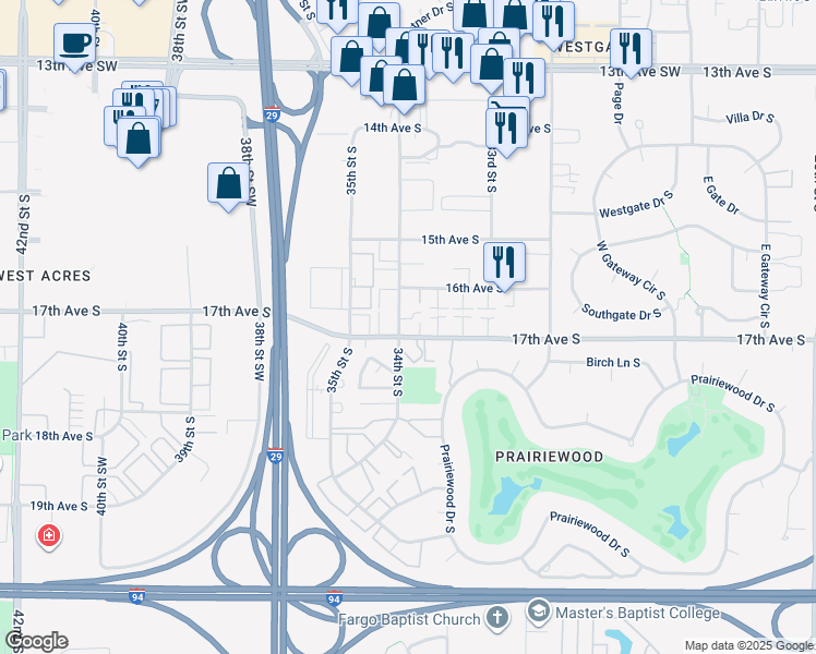 map of restaurants, bars, coffee shops, grocery stores, and more near 3340 17th Avenue South in Fargo