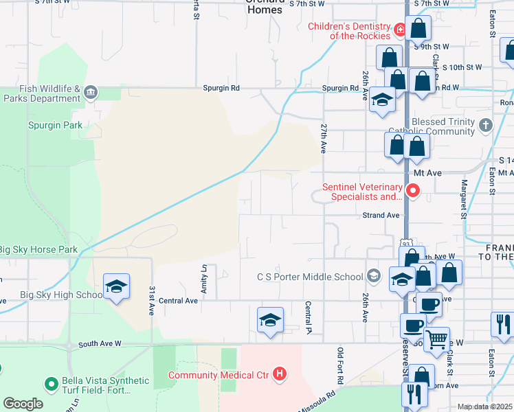 map of restaurants, bars, coffee shops, grocery stores, and more near 1740 Birchwood Lane in Missoula