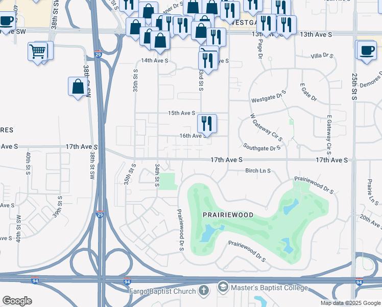 map of restaurants, bars, coffee shops, grocery stores, and more near 3301 17th Avenue South in Fargo