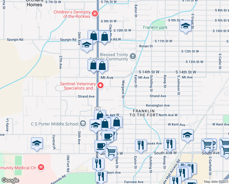 map of restaurants, bars, coffee shops, grocery stores, and more near 2420 Burlington Avenue in Missoula