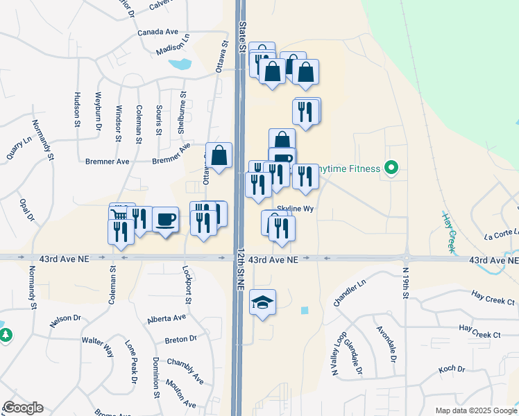 map of restaurants, bars, coffee shops, grocery stores, and more near 4424 Skyline Crossings in Bismarck