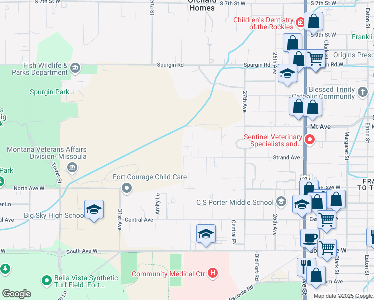 map of restaurants, bars, coffee shops, grocery stores, and more near 1745 Birchwood Lane in Missoula