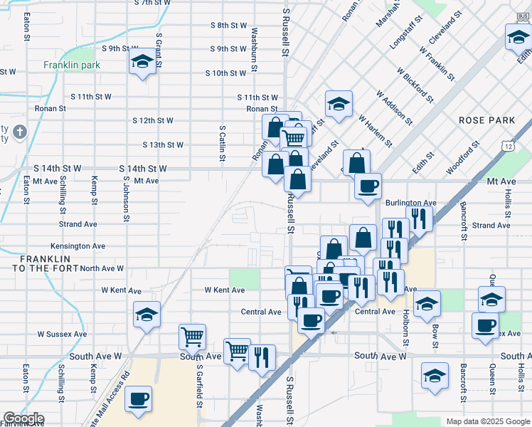 map of restaurants, bars, coffee shops, grocery stores, and more near 1903 Russell Street in Missoula