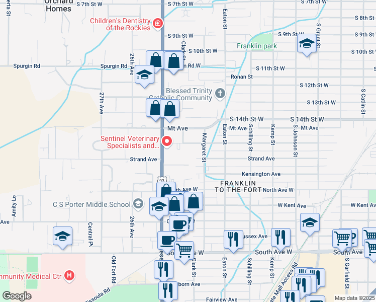 map of restaurants, bars, coffee shops, grocery stores, and more near Poole Lane in Missoula