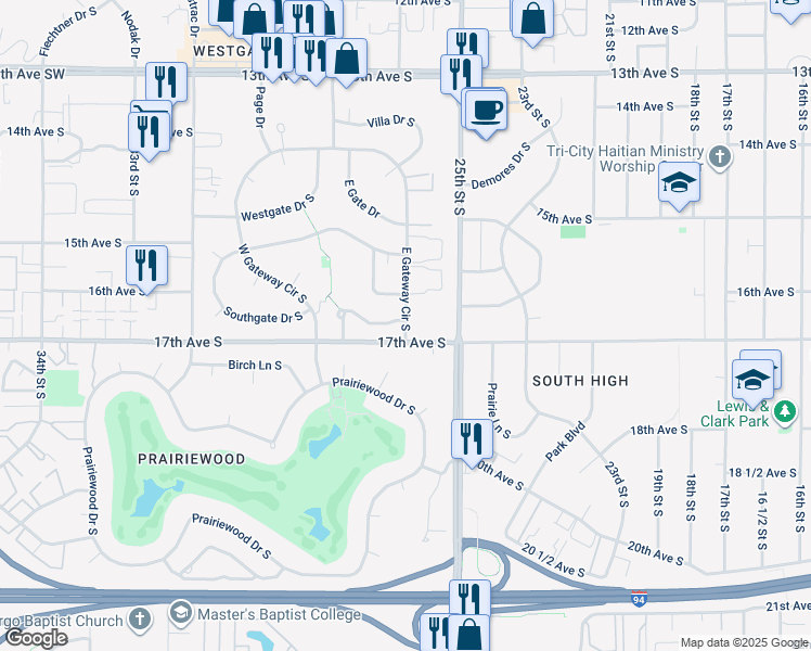 map of restaurants, bars, coffee shops, grocery stores, and more near 2600-2744 17th Avenue South in Fargo