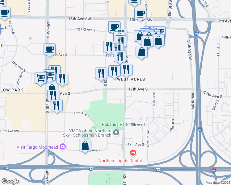 map of restaurants, bars, coffee shops, grocery stores, and more near 1725 42nd Street South in Fargo