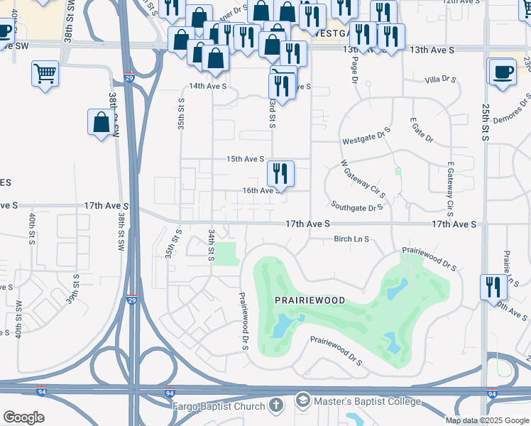 map of restaurants, bars, coffee shops, grocery stores, and more near 3253 17th Avenue South in Fargo