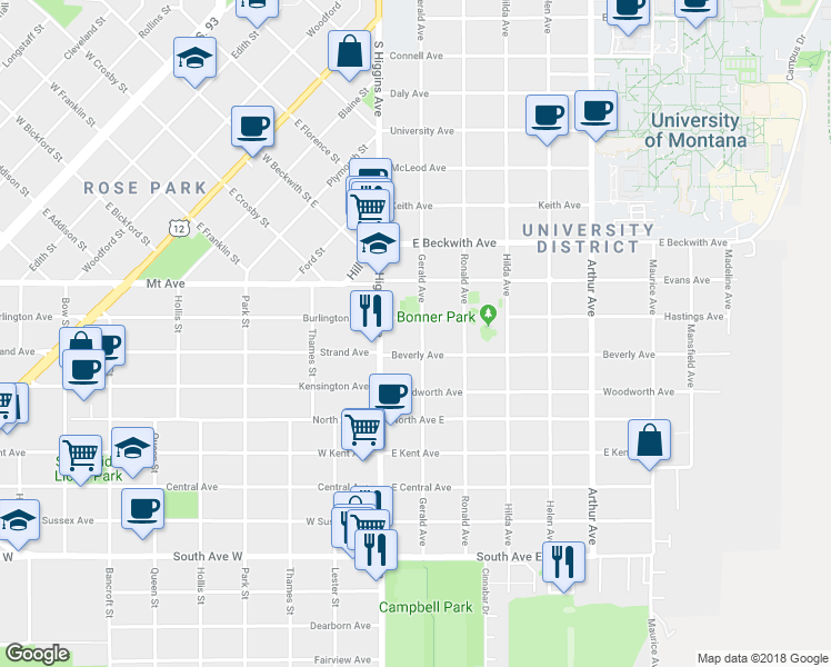 map of restaurants, bars, coffee shops, grocery stores, and more near 1715 Gerald Avenue in Missoula