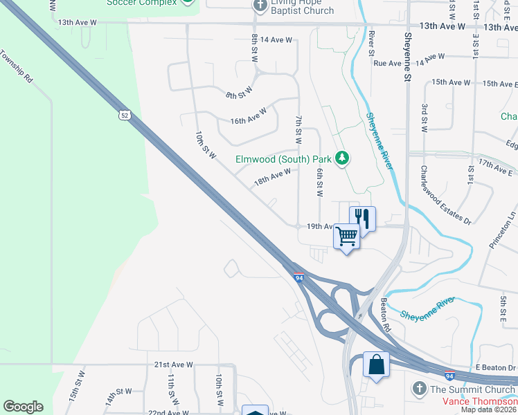 map of restaurants, bars, coffee shops, grocery stores, and more near Interstate 94 in West Fargo