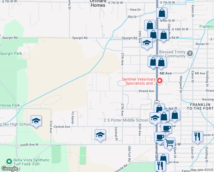 map of restaurants, bars, coffee shops, grocery stores, and more near 2725 Strand Ave in Missoula