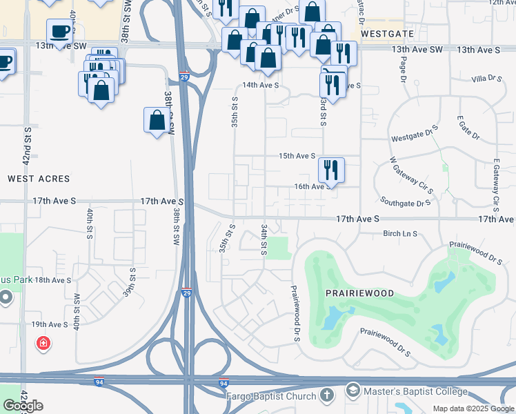 map of restaurants, bars, coffee shops, grocery stores, and more near 1621 34th Street South in Fargo