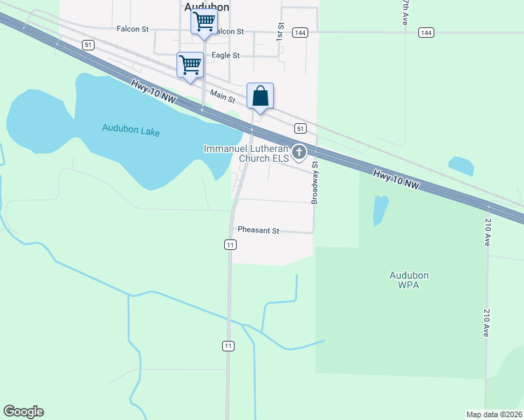 map of restaurants, bars, coffee shops, grocery stores, and more near 310 County Highway 11 in Audubon