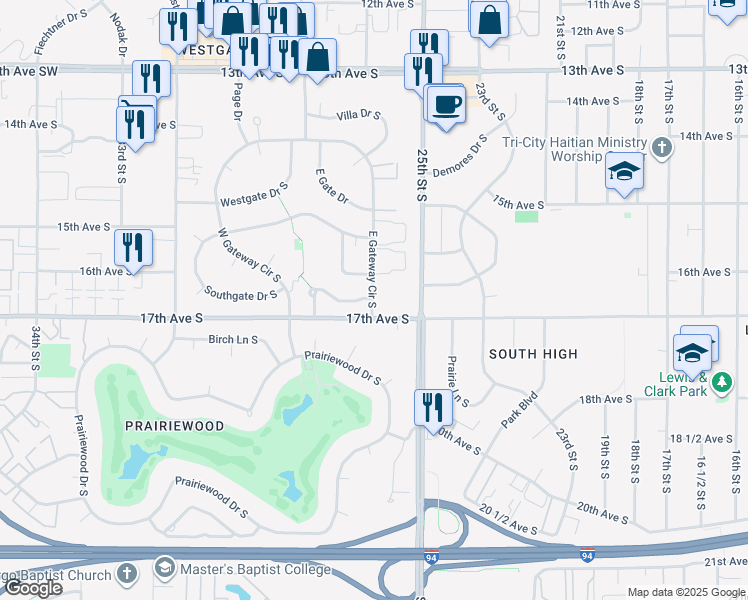 map of restaurants, bars, coffee shops, grocery stores, and more near 2601 Sungate Drive South in Fargo
