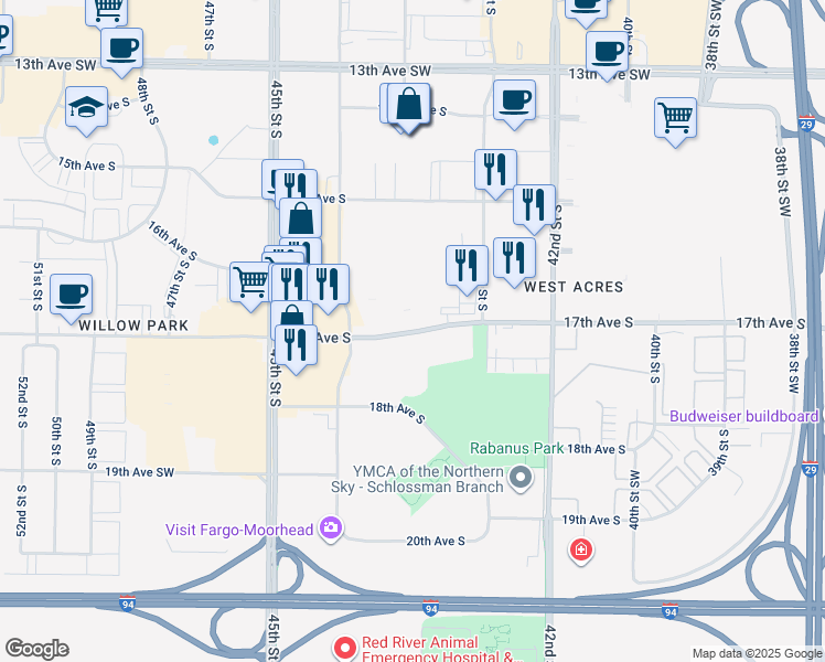 map of restaurants, bars, coffee shops, grocery stores, and more near in Fargo