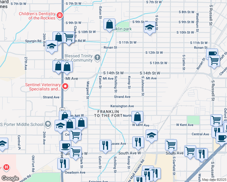 map of restaurants, bars, coffee shops, grocery stores, and more near 1716 Schilling Street in Missoula