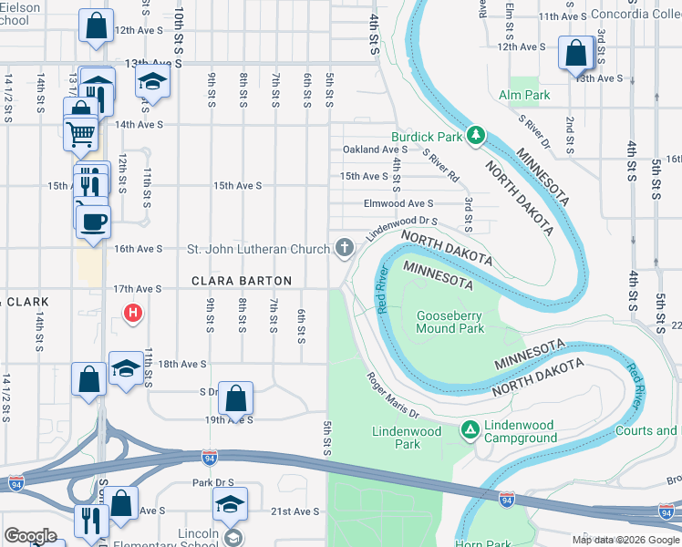 map of restaurants, bars, coffee shops, grocery stores, and more near 1712 5th Street South in Fargo