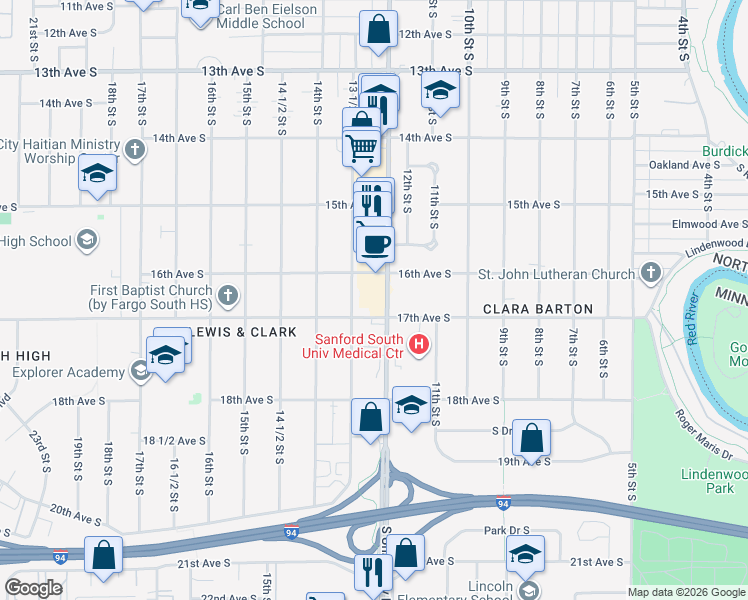 map of restaurants, bars, coffee shops, grocery stores, and more near 1602 13 1/2 Street South in Fargo