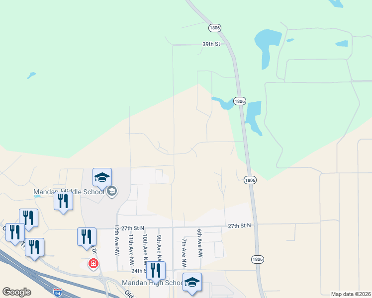 map of restaurants, bars, coffee shops, grocery stores, and more near 802 Beretta Street North in Mandan
