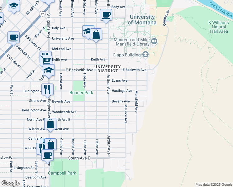 map of restaurants, bars, coffee shops, grocery stores, and more near 631 Hastings Avenue in Missoula