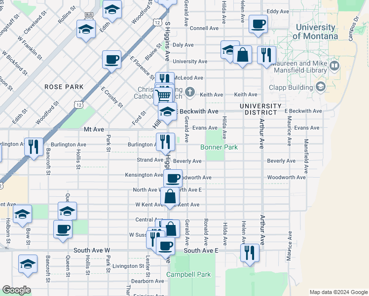 map of restaurants, bars, coffee shops, grocery stores, and more near 1620 Gerald Avenue in Missoula
