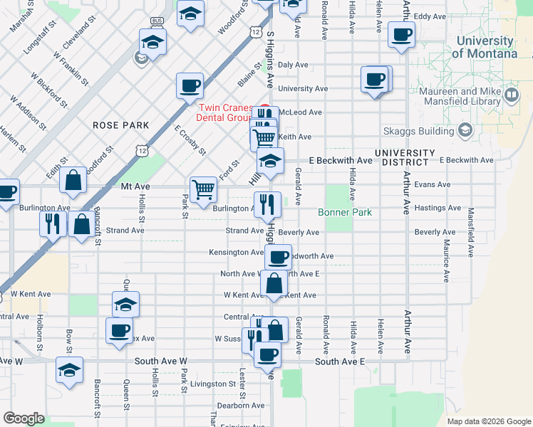 map of restaurants, bars, coffee shops, grocery stores, and more near 101 Evans Avenue in Missoula