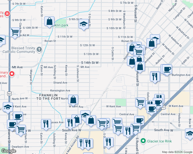 map of restaurants, bars, coffee shops, grocery stores, and more near 1840 Burlington Avenue in Missoula