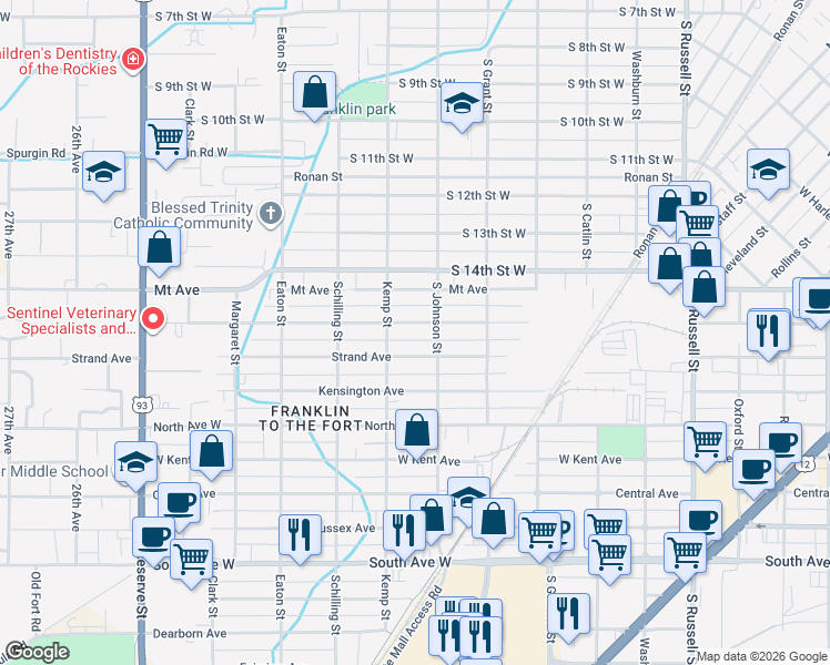 map of restaurants, bars, coffee shops, grocery stores, and more near 1645 South Johnson Street in Missoula