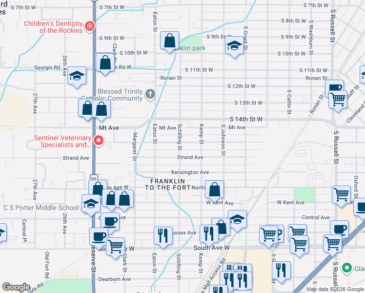 map of restaurants, bars, coffee shops, grocery stores, and more near 1618 Schilling Street in Missoula