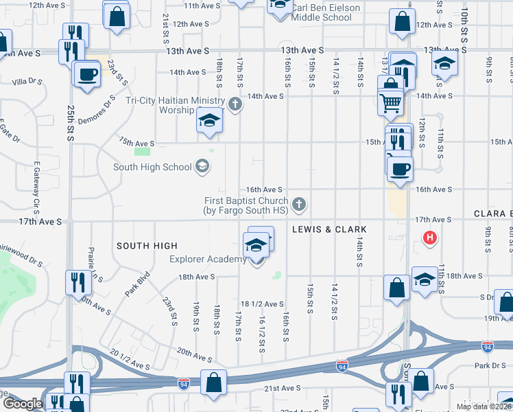 map of restaurants, bars, coffee shops, grocery stores, and more near 1602 17th Street South in Fargo