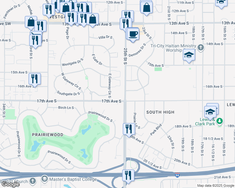 map of restaurants, bars, coffee shops, grocery stores, and more near 1618 East Gateway Circle South in Fargo