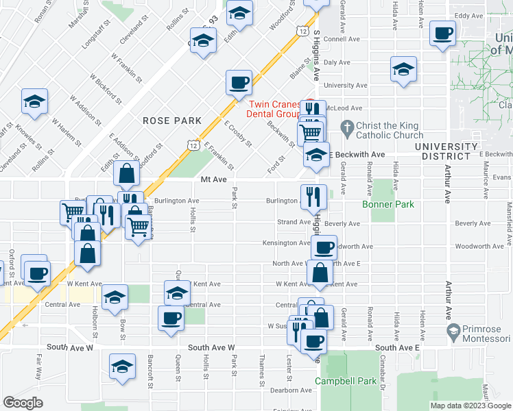 map of restaurants, bars, coffee shops, grocery stores, and more near 234 Burlington Ave in Missoula