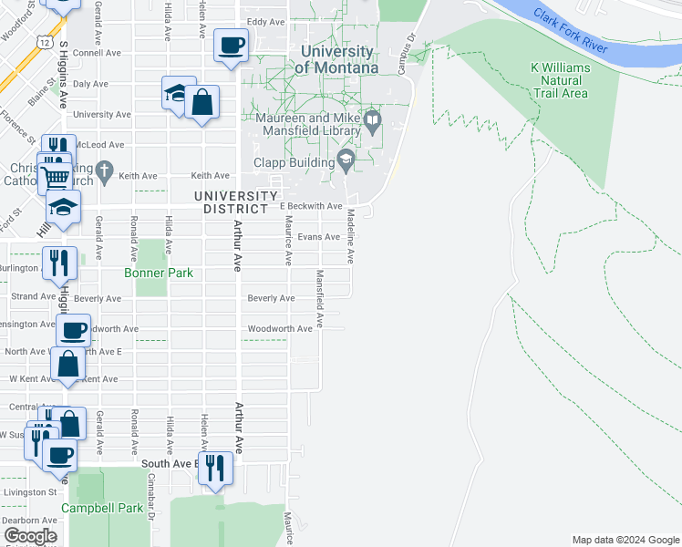 map of restaurants, bars, coffee shops, grocery stores, and more near 823 Hastings Avenue in Missoula
