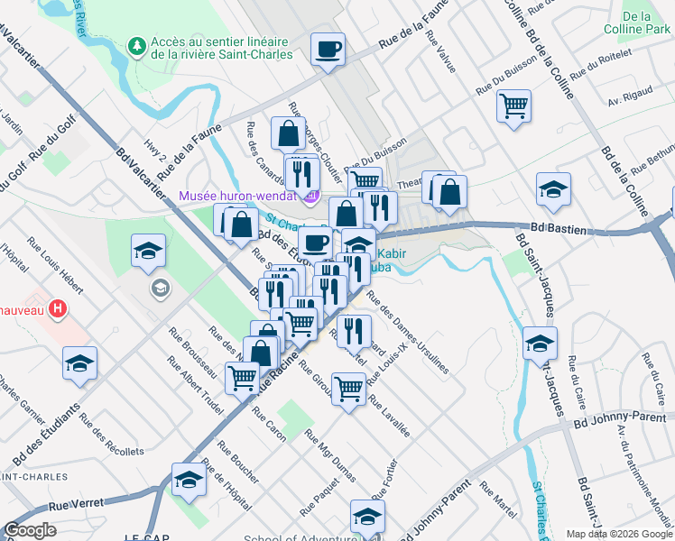 map of restaurants, bars, coffee shops, grocery stores, and more near 28 Rue Amyot in Québec