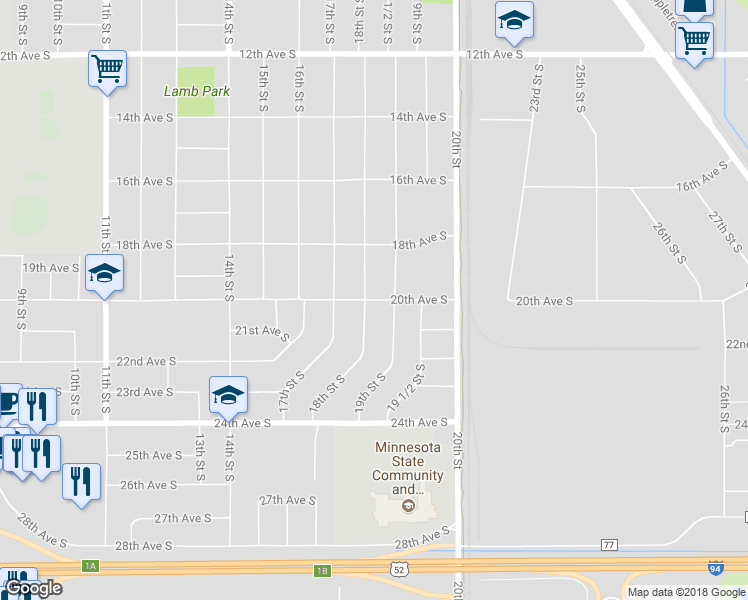 map of restaurants, bars, coffee shops, grocery stores, and more near 1805 20th Avenue South in Moorhead