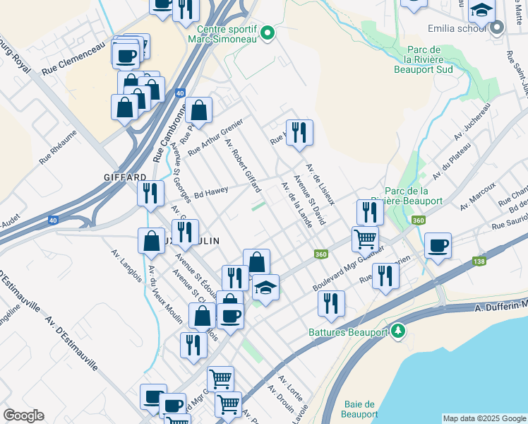 map of restaurants, bars, coffee shops, grocery stores, and more near 2375 Avenue Robert Giffard in Québec