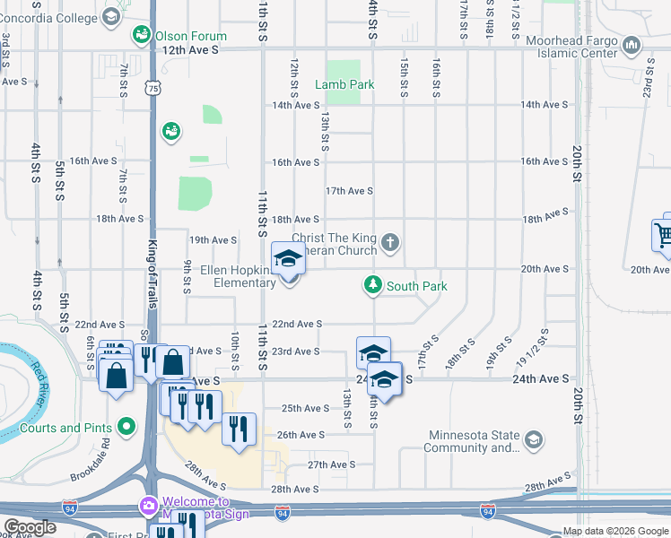 map of restaurants, bars, coffee shops, grocery stores, and more near 1321 20th Avenue South in Moorhead