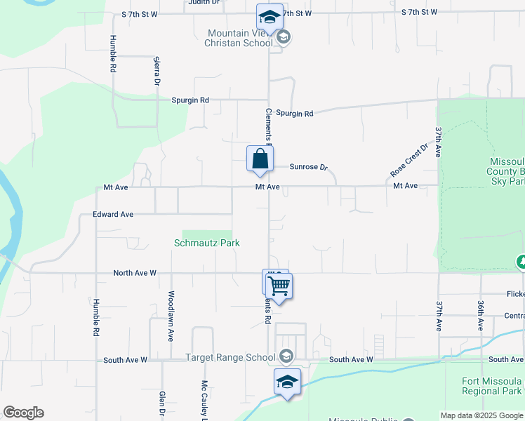 map of restaurants, bars, coffee shops, grocery stores, and more near 1625 Clements Road in Missoula