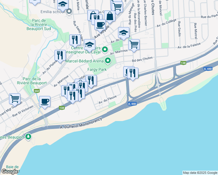 map of restaurants, bars, coffee shops, grocery stores, and more near 120 Rue Sauriol in Québec
