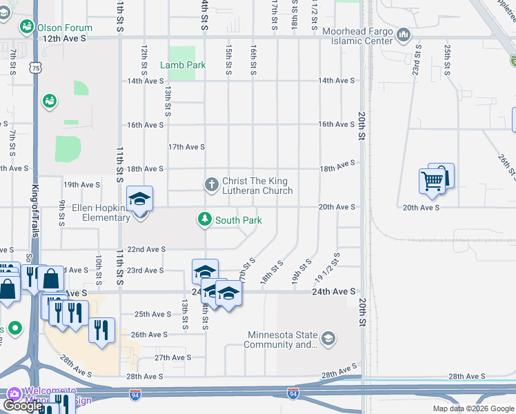 map of restaurants, bars, coffee shops, grocery stores, and more near 1605 20th Street in Moorhead