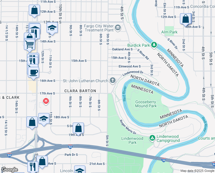 map of restaurants, bars, coffee shops, grocery stores, and more near 1712 5th Street South in Fargo